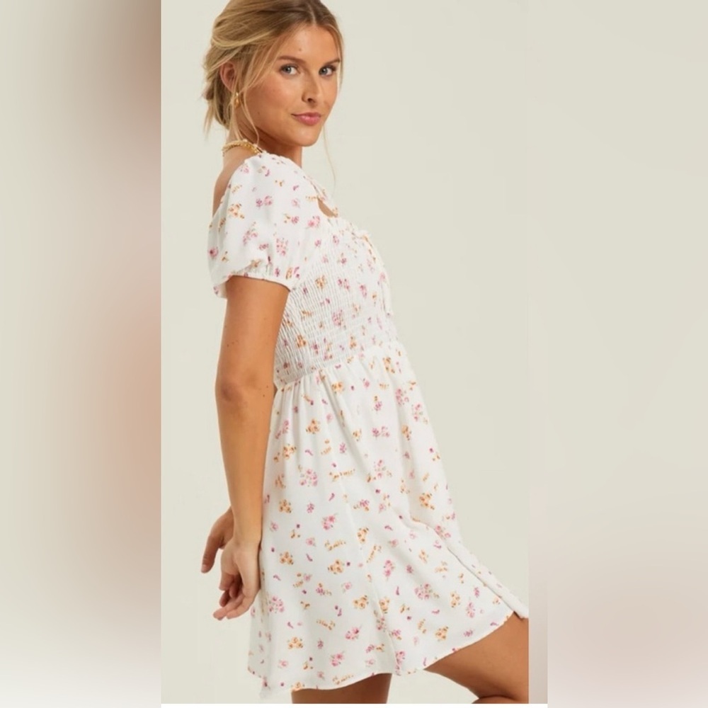 White Floral Smocked Mini Dress